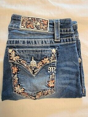 Miss Me Floral Embroidered Medium Wash Skinny Cut Jeans, Size 29